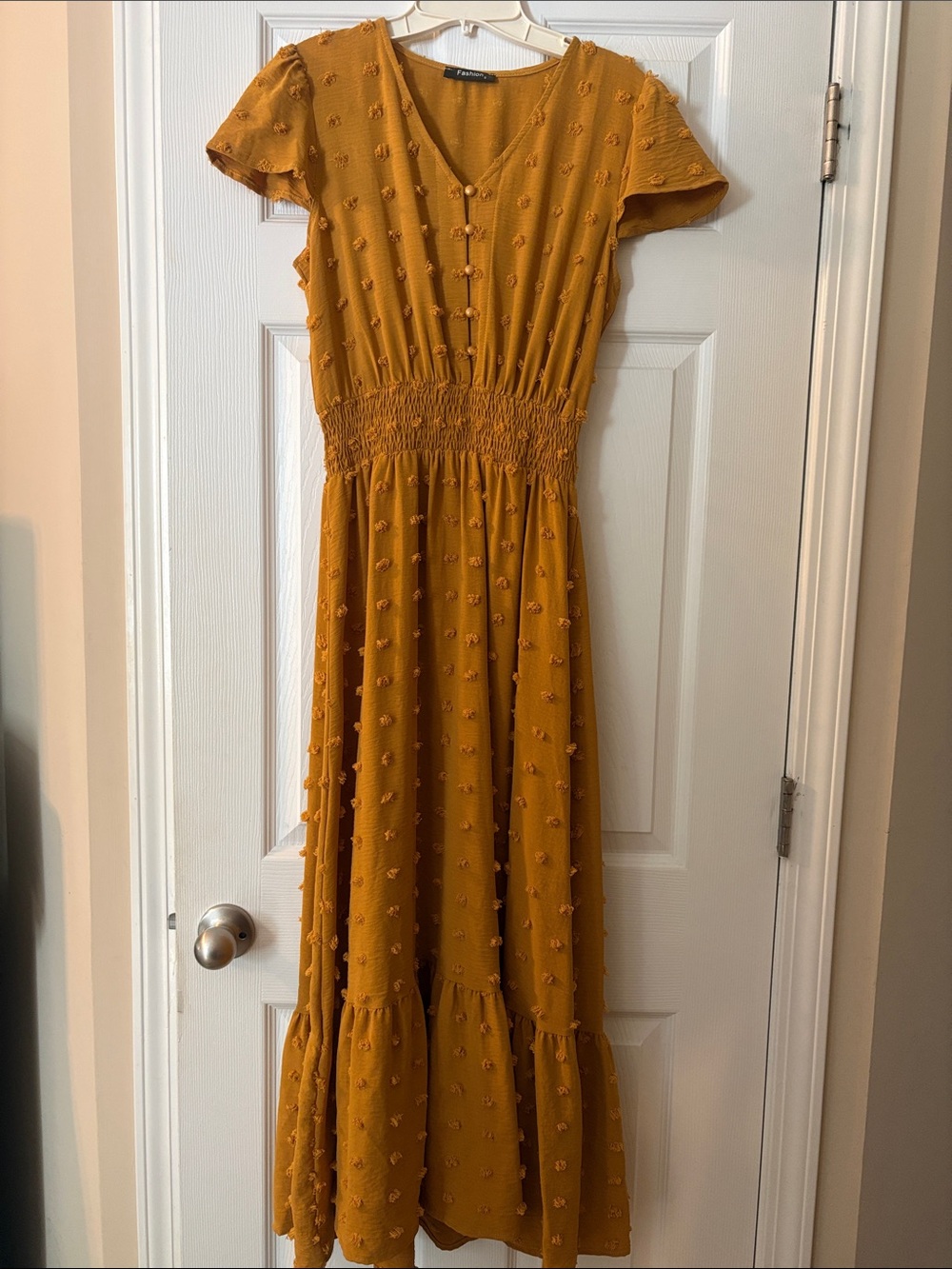 Mustard Textured Midi Dress with Smocked Waist